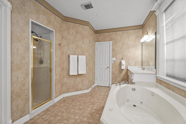 bathroom featuring tile patterned flooring, vanity, independent shower and bath, and a healthy amount of sunlight