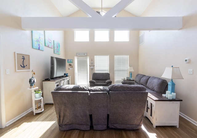 living room with beamed ceiling, wood-type flooring, and high vaulted ceiling