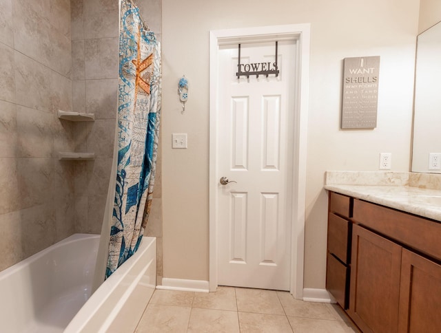 bathroom with tile patterned flooring, vanity, and shower / bath combination with curtain