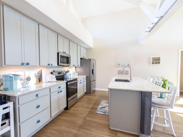 kitchen with a kitchen island with sink, sink, stainless steel appliances, and light stone countertops