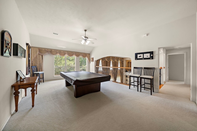 game room featuring ceiling fan, pool table, lofted ceiling, and light carpet