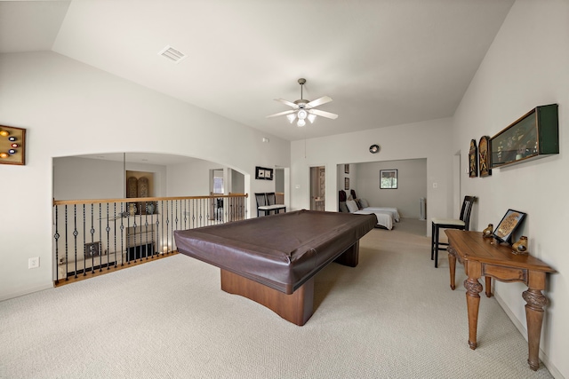 recreation room with lofted ceiling, light carpet, billiards, and ceiling fan