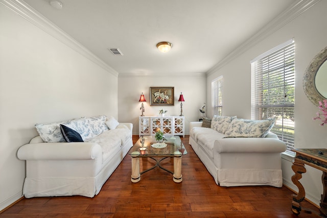 living room with dark wood-type flooring and ornamental molding