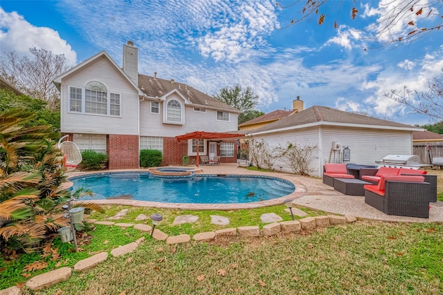 view of swimming pool with a pergola, outdoor lounge area, a patio area, area for grilling, and an in ground hot tub