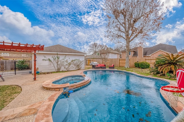 view of pool with an in ground hot tub, a pergola, and a patio