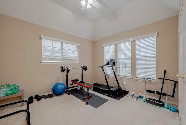 exercise area featuring lofted ceiling, plenty of natural light, ceiling fan, and carpet