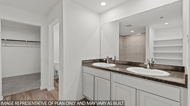 bathroom with vanity, hardwood / wood-style flooring, and toilet