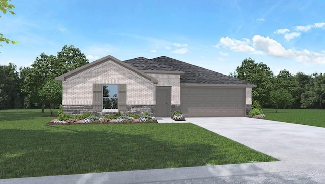 view of front of property with a garage and a front lawn