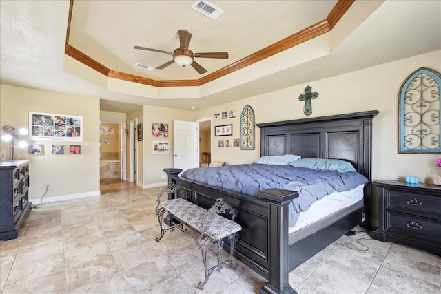 bedroom with crown molding, a raised ceiling, and ceiling fan