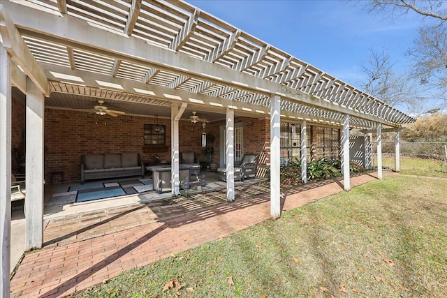 view of patio / terrace featuring ceiling fan, outdoor lounge area, and a pergola