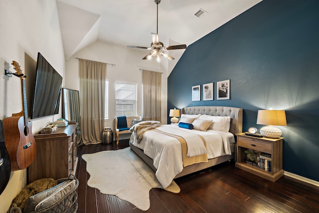 bedroom featuring high vaulted ceiling, dark hardwood / wood-style floors, and ceiling fan