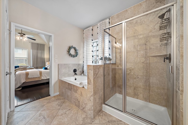 bathroom with independent shower and bath and ceiling fan