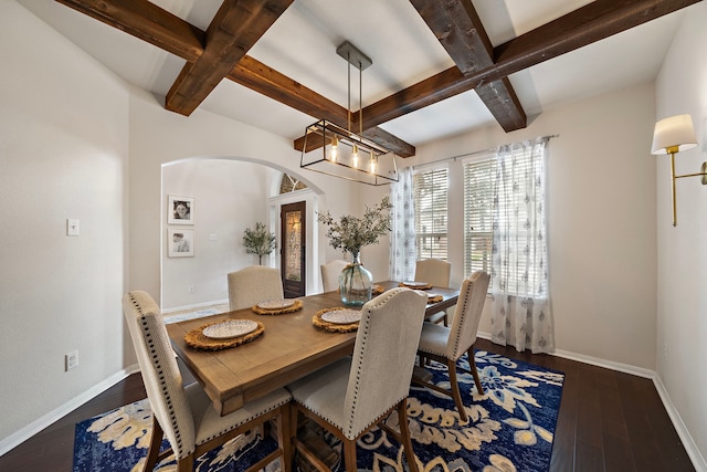 dining space featuring beam ceiling, coffered ceiling, a notable chandelier, and dark hardwood / wood-style flooring