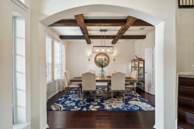 dining room with beam ceiling, coffered ceiling, and dark hardwood / wood-style flooring