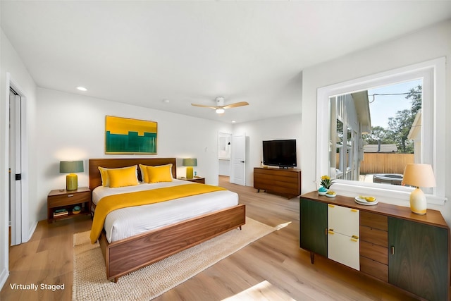 bedroom with recessed lighting, light wood-type flooring, and ceiling fan