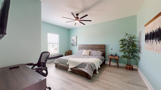 bedroom featuring ceiling fan and light wood-type flooring