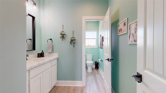 bathroom featuring vanity, hardwood / wood-style flooring, and toilet