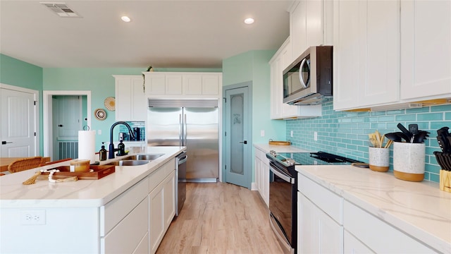 kitchen featuring sink, stainless steel appliances, white cabinets, a center island with sink, and decorative backsplash