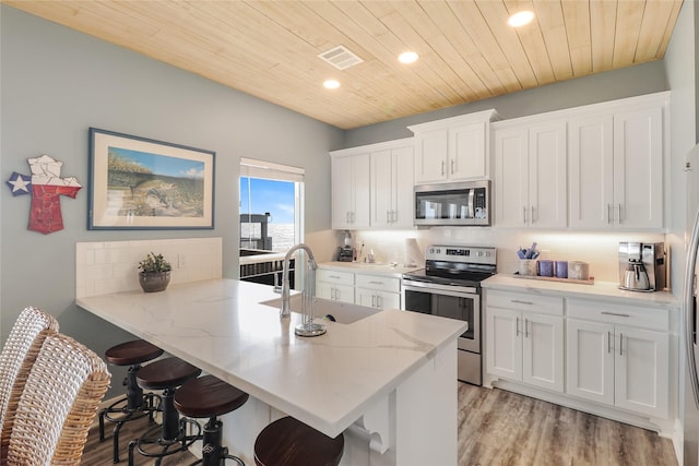 kitchen featuring sink, a breakfast bar area, appliances with stainless steel finishes, kitchen peninsula, and white cabinets