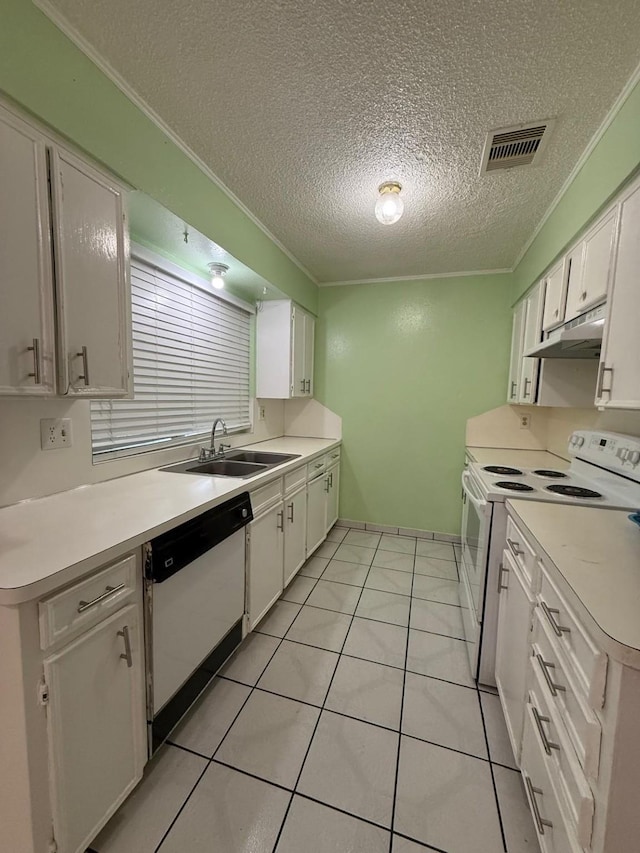 kitchen featuring dishwashing machine, white cabinetry, ornamental molding, and white electric range oven