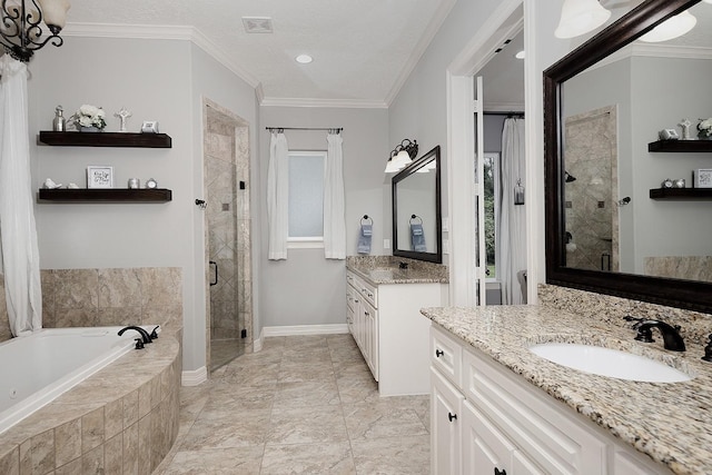 bathroom featuring ornamental molding, separate shower and tub, vanity, and a textured ceiling