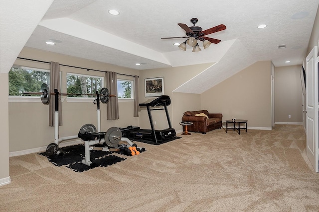 exercise area with light carpet, a wealth of natural light, and a textured ceiling