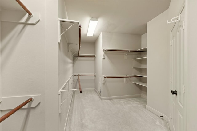 walk in closet featuring light colored carpet