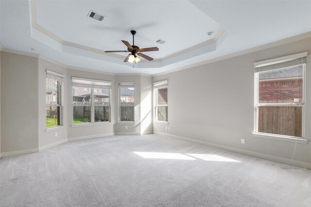 empty room featuring ceiling fan, a raised ceiling, and light carpet