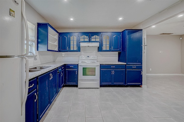 kitchen featuring blue cabinetry, white appliances, and sink