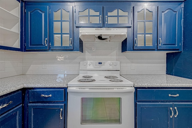 kitchen featuring blue cabinetry, decorative backsplash, and white range with electric cooktop