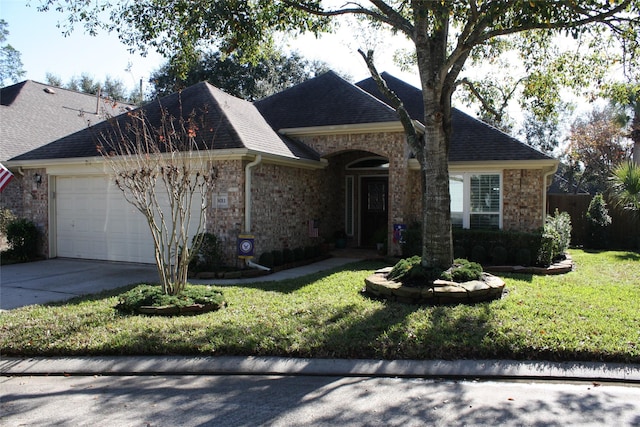 view of front of property featuring a garage and a front lawn