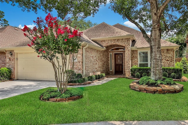 3011 Candle Bend Dr, Spring, TX 77388 - view of front of home featuring a garage, a shingled roof, concrete driveway, brick siding, and a front lawn