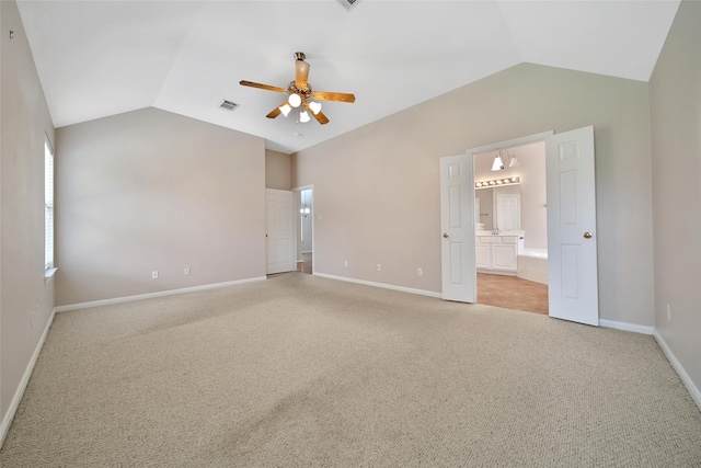 3011 Candle Bend Dr, Spring, TX 77388 - unfurnished bedroom featuring vaulted ceiling, carpet floors, ensuite bath, and a ceiling fan