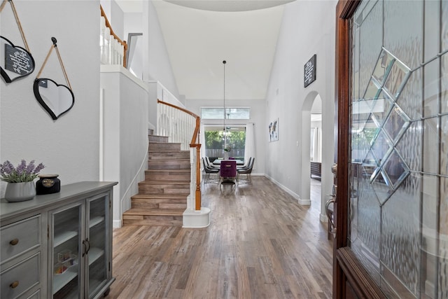 entryway featuring hardwood / wood-style floors and high vaulted ceiling