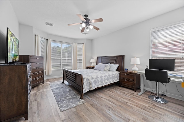 bedroom with ceiling fan and light wood-type flooring