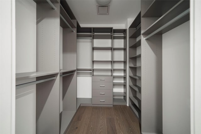 spacious closet with dark hardwood / wood-style flooring