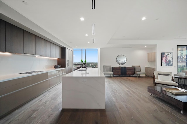 kitchen featuring a large island, sink, a wall of windows, hardwood / wood-style floors, and stainless steel gas stovetop