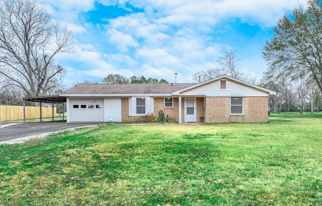 single story home featuring a carport, a garage, and a front yard