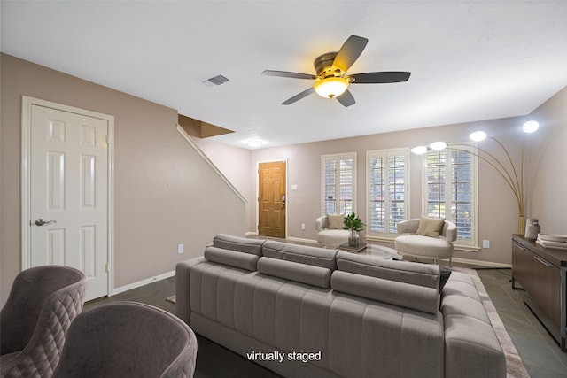 living room featuring ceiling fan