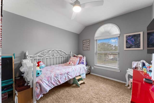 carpeted bedroom featuring ceiling fan and lofted ceiling