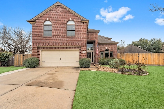 view of property with a garage and a front yard