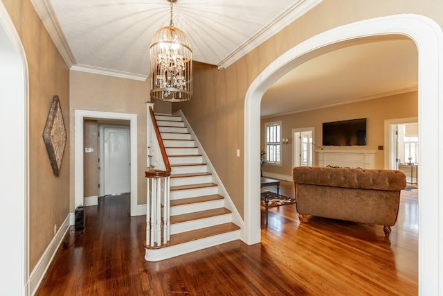 stairs featuring hardwood / wood-style flooring and ornamental molding