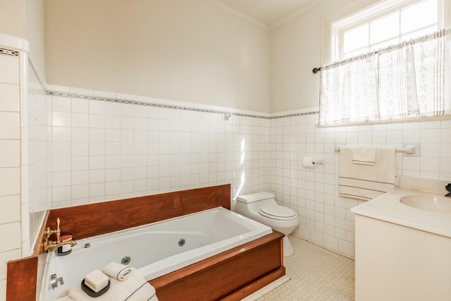 bathroom featuring crown molding, tile walls, a bathtub, and toilet