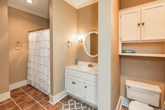 bathroom with walk in shower, toilet, crown molding, vanity, and tile patterned flooring