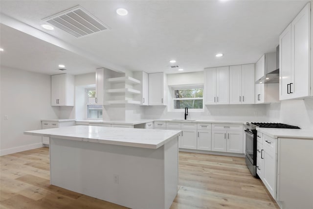 kitchen featuring white cabinets, a kitchen island, sink, and stainless steel gas range