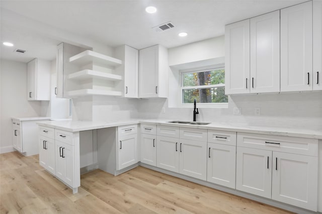 kitchen with sink, light hardwood / wood-style flooring, and white cabinets