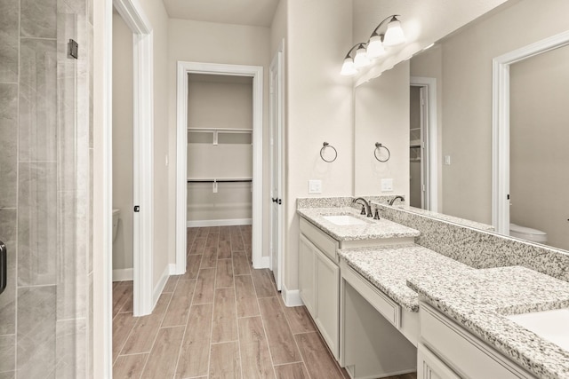 bathroom with vanity, an enclosed shower, and toilet