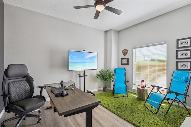 office with light hardwood / wood-style floors and ceiling fan