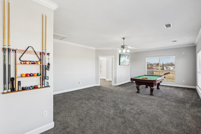 recreation room with crown molding, pool table, ceiling fan, and dark colored carpet