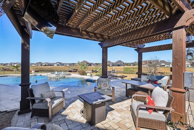 view of patio with an outdoor living space, an in ground hot tub, and a pergola